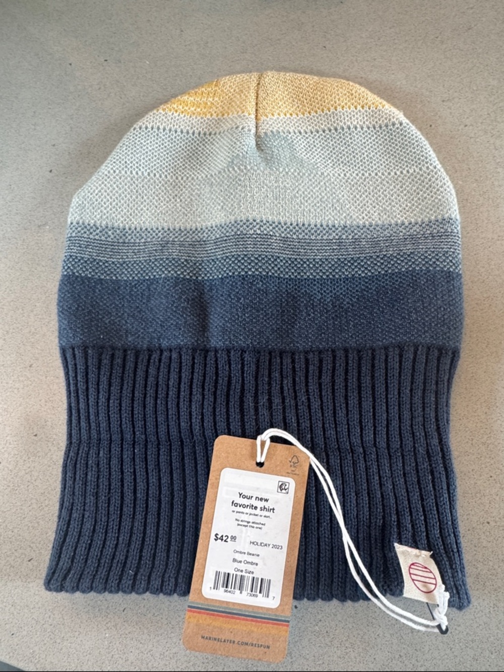Marine Layer Blue Ombre Knit Beanie w/Cream and Yellow Stripes NWT
